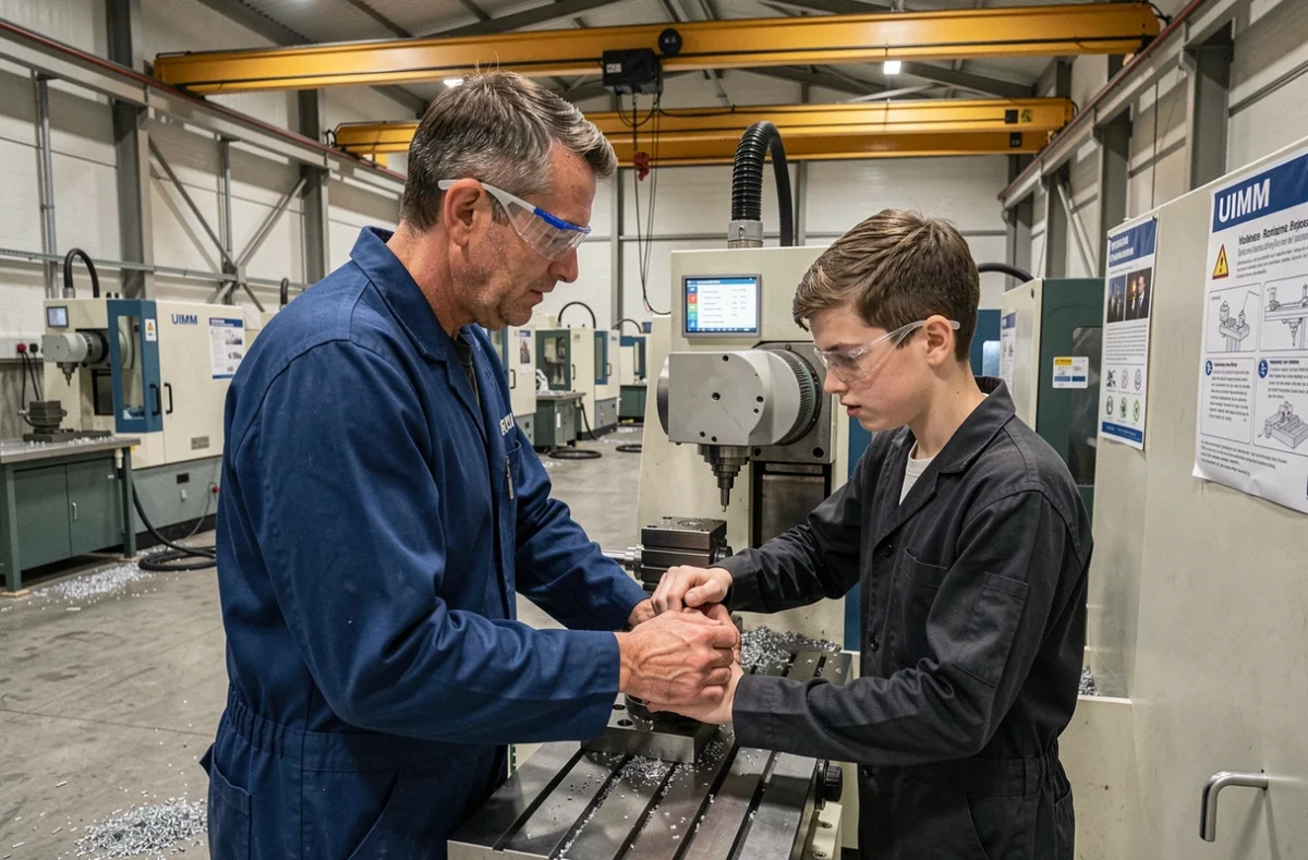 Instructeur et apprenti travaillant sur une machine-outil au Pôle Formation UIMM Lorraine, centre de formation industrielle