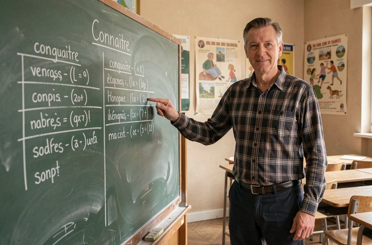 Professeur de français expliquant la conjugaison du verbe connaître au passé simple devant un tableau noir en classe