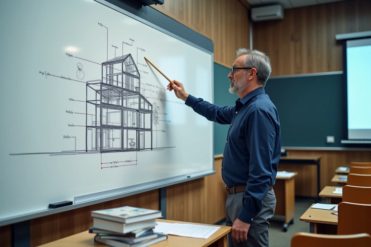 Professeur d'ingénierie expliquant une coupe transversale annotée sur un tableau blanc en amphithéâtre