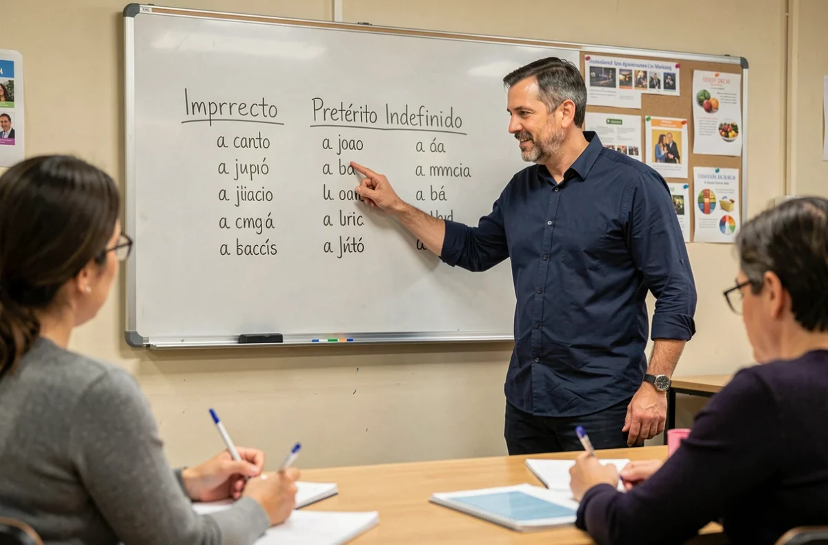 Professeur d'espagnol expliquant la différence entre l'imparfait et le passé composé devant un tableau blanc en salle de classe