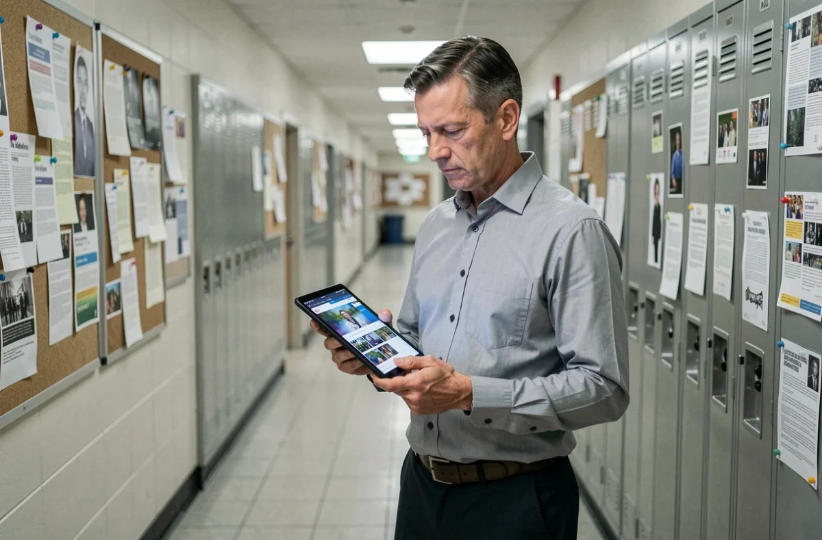 Professeur de lycée consultant une source d'actualité fiable sur tablette dans un couloir scolaire