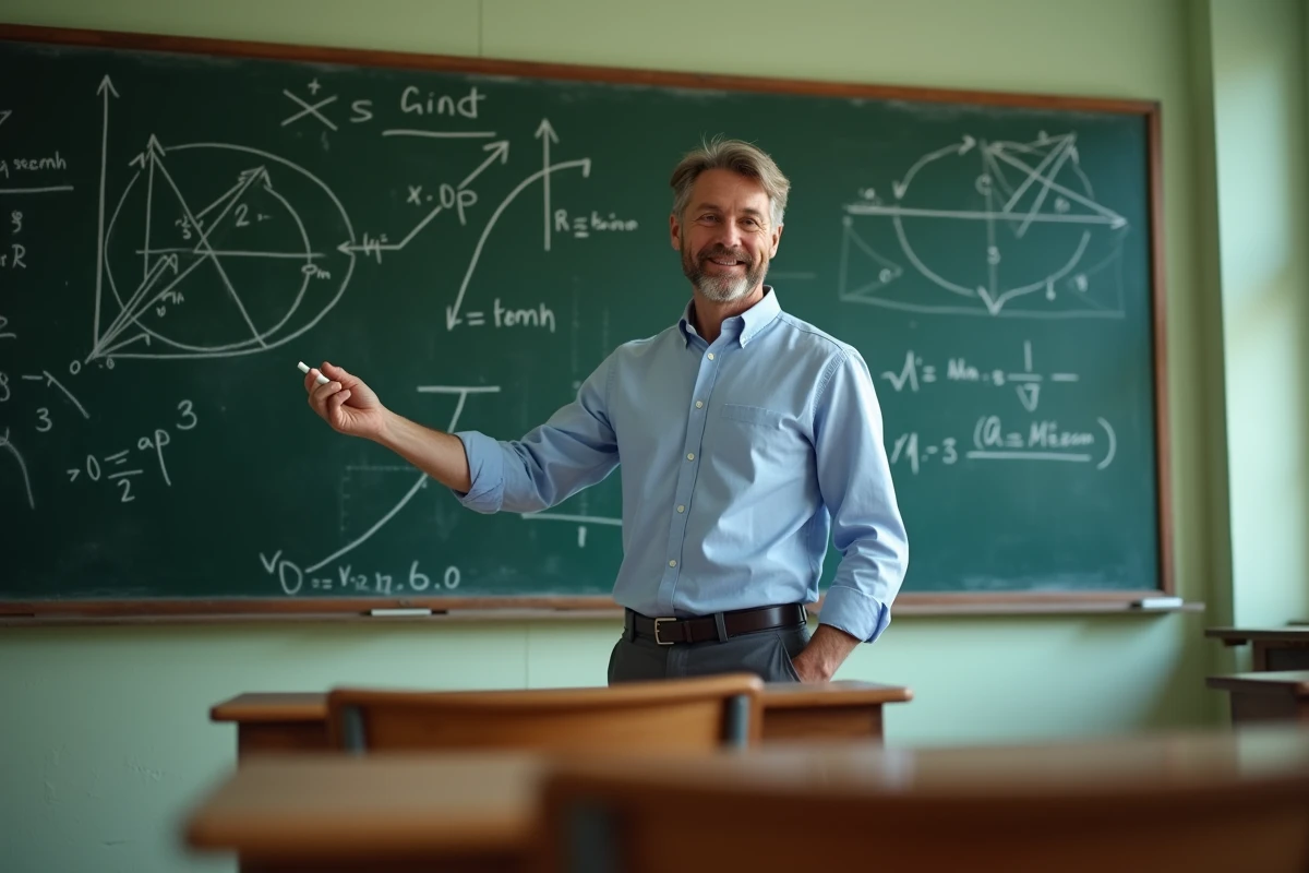 Professeur de mathématiques expliquant les formules trigonométriques sin et cos au tableau dans une salle de classe française