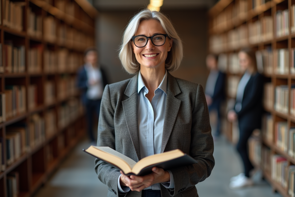 Professeure universitaire souriante dans une bibliothèque moderne