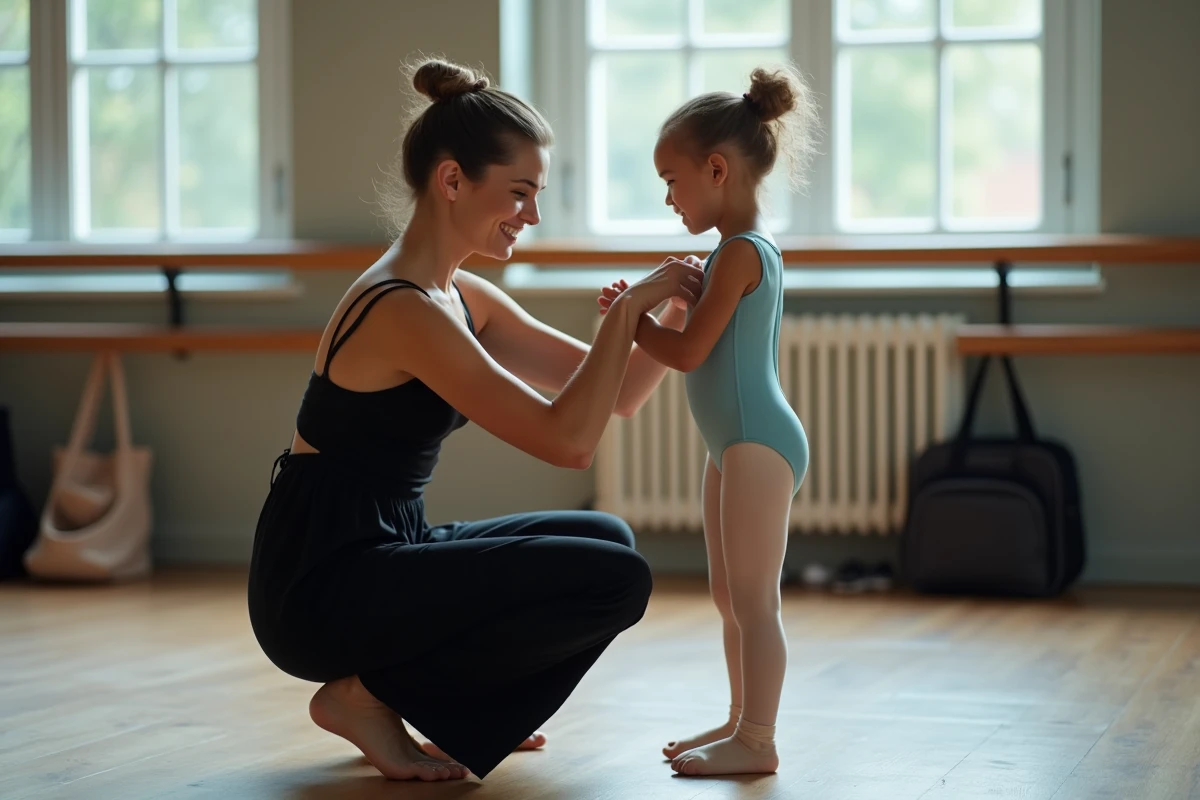 Professeure de danse bienveillante corrigeant la posture d'une jeune élève dans un cours de danse à Lille