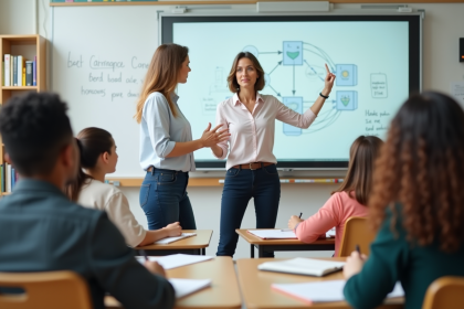 Professeure expliquant un concept devant des élèves attentifs