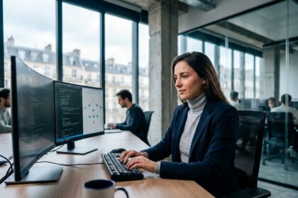 Jeune professionnelle en cybersécurité travaillant sur des écrans de monitoring dans un bureau moderne parisien
