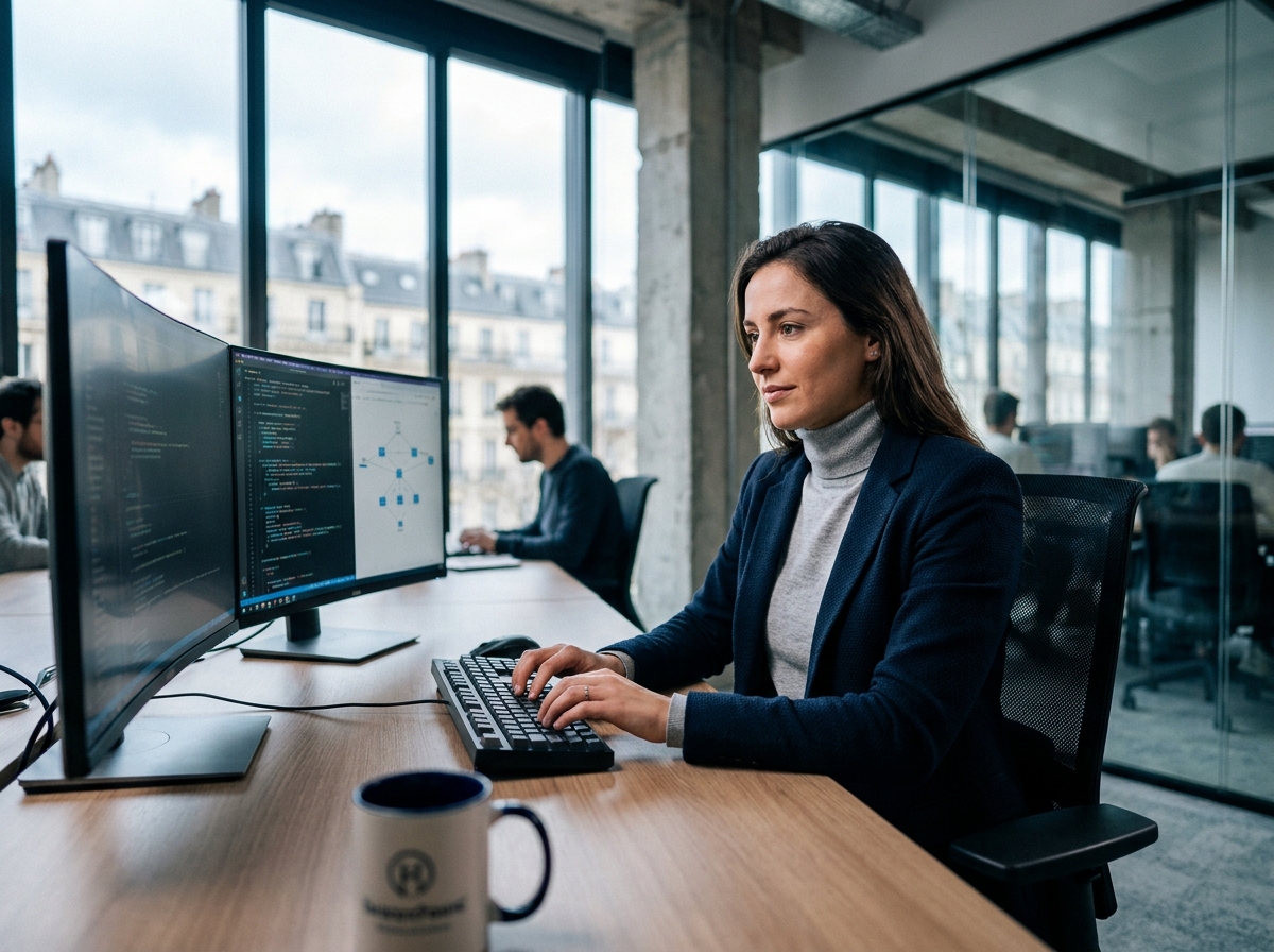 Jeune professionnelle en cybersécurité travaillant sur des écrans de monitoring dans un bureau moderne parisien