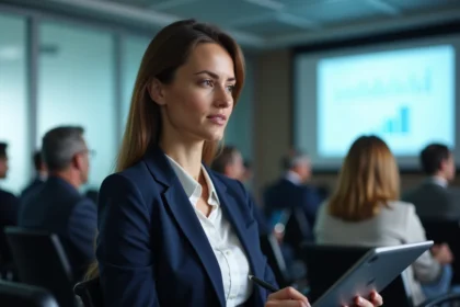 Professionnelle en reconversion prenant des notes lors d'une conférence digitale à Paris