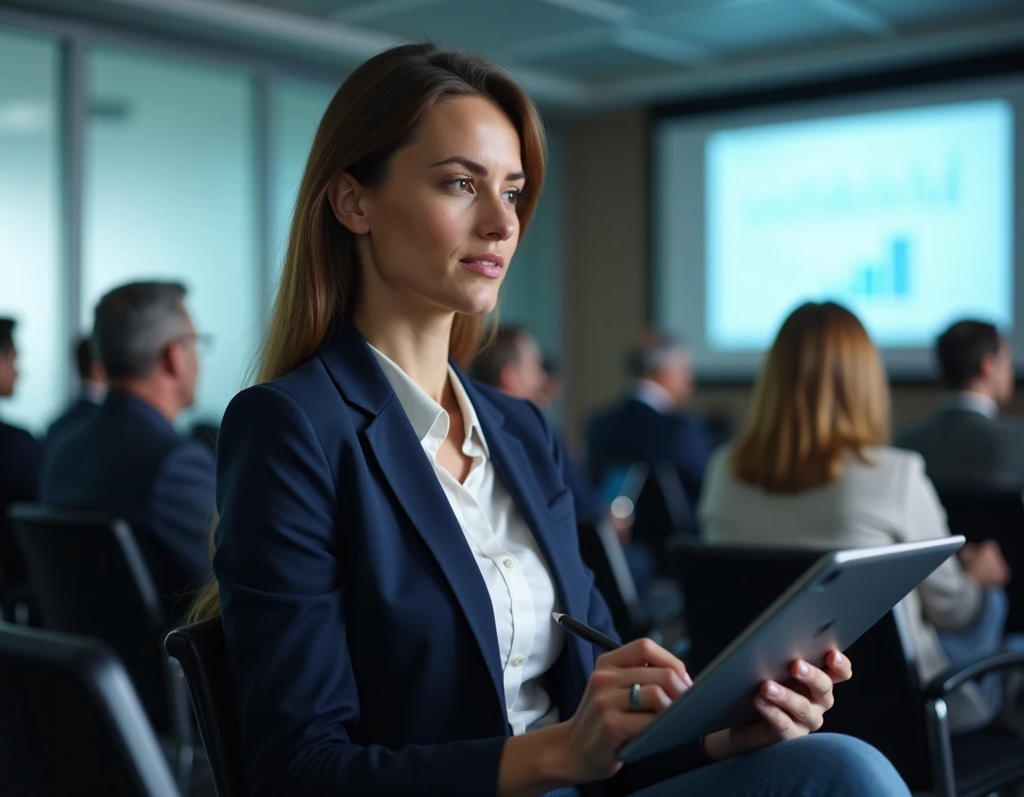 Professionnelle en reconversion prenant des notes lors d'une conférence digitale à Paris