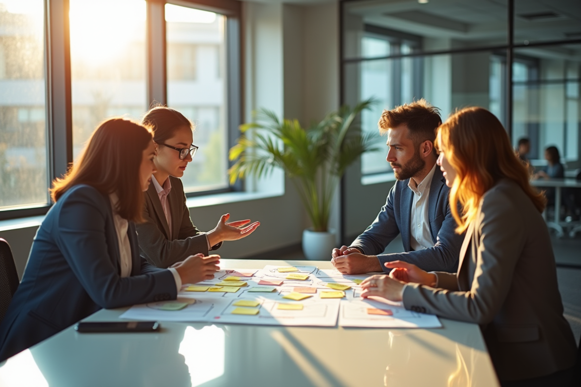 Trois professionnels autour d'une table avec des schémas colorés
