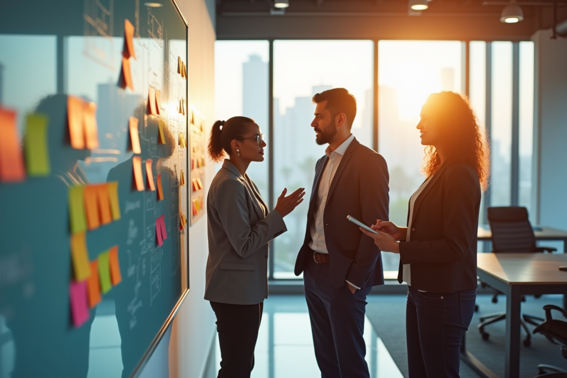Trois professionnels en réunion dans un bureau moderne