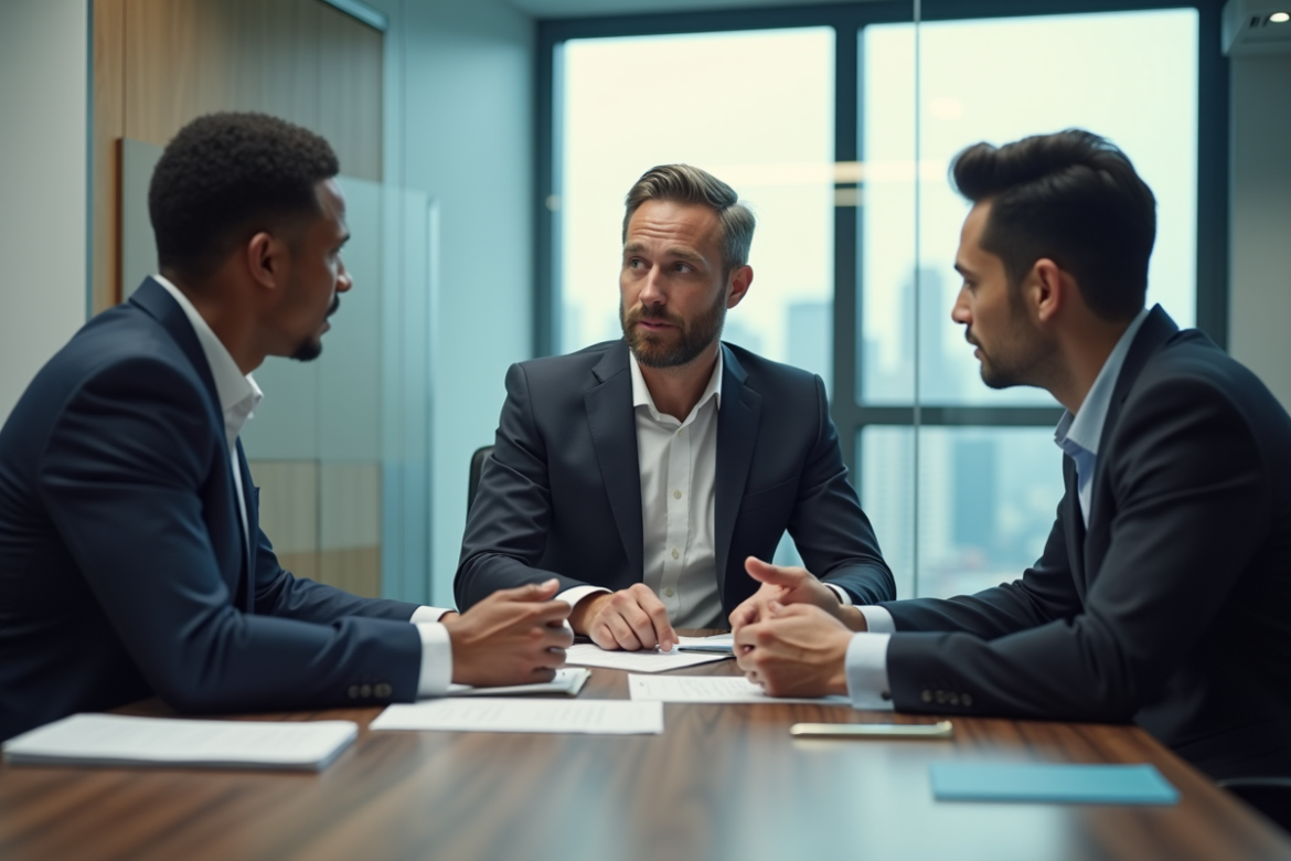 Trois professionnels en réunion dans un bureau moderne