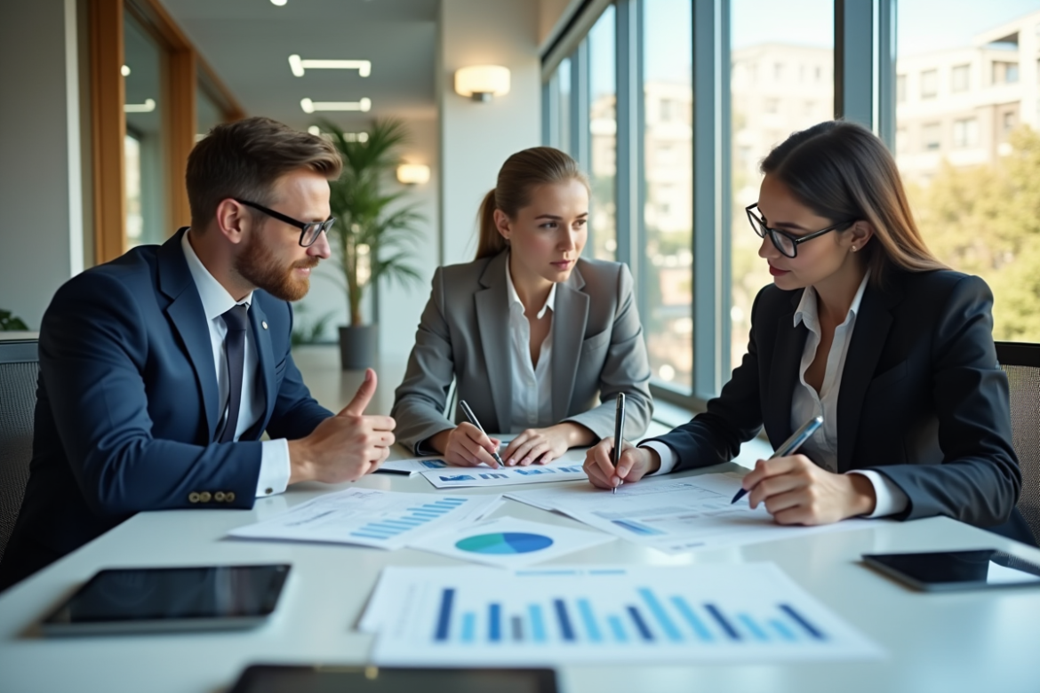 Trois professionnels évaluant des documents dans un bureau lumineux