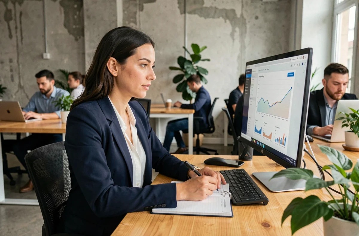 Jeune femme en reconversion professionnelle travaillant sur une analyse marketing digital dans un espace de coworking parisien moderne