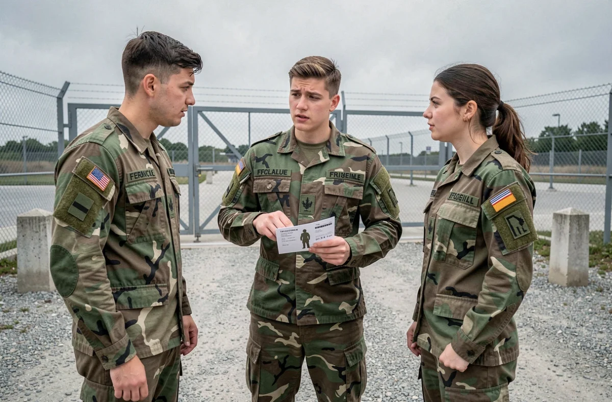 Jeunes recrues de l'armée de Terre discutant d'une fiche de paie à l'entrée d'une base militaire française