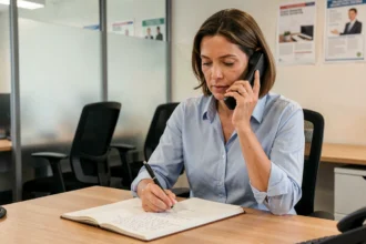 Femme en conversation téléphonique avec un conseiller France Travail dans un bureau administratif moderne