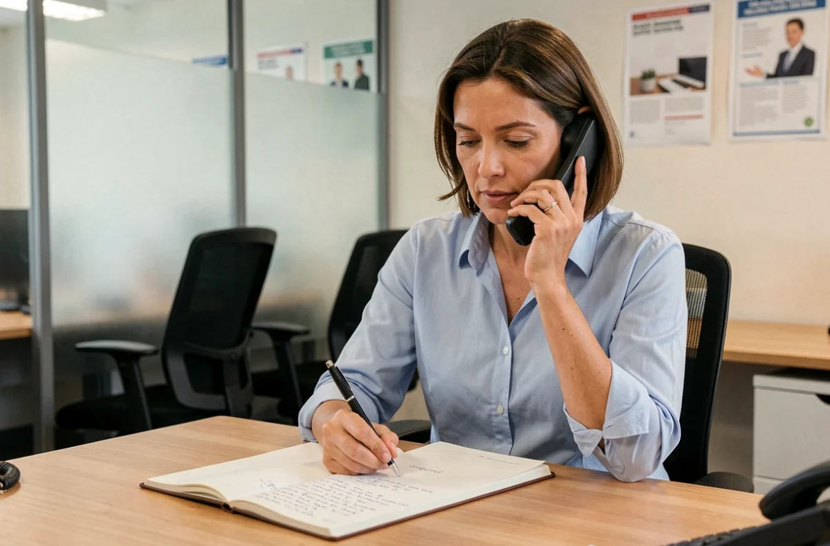 Femme en conversation téléphonique avec un conseiller France Travail dans un bureau administratif moderne