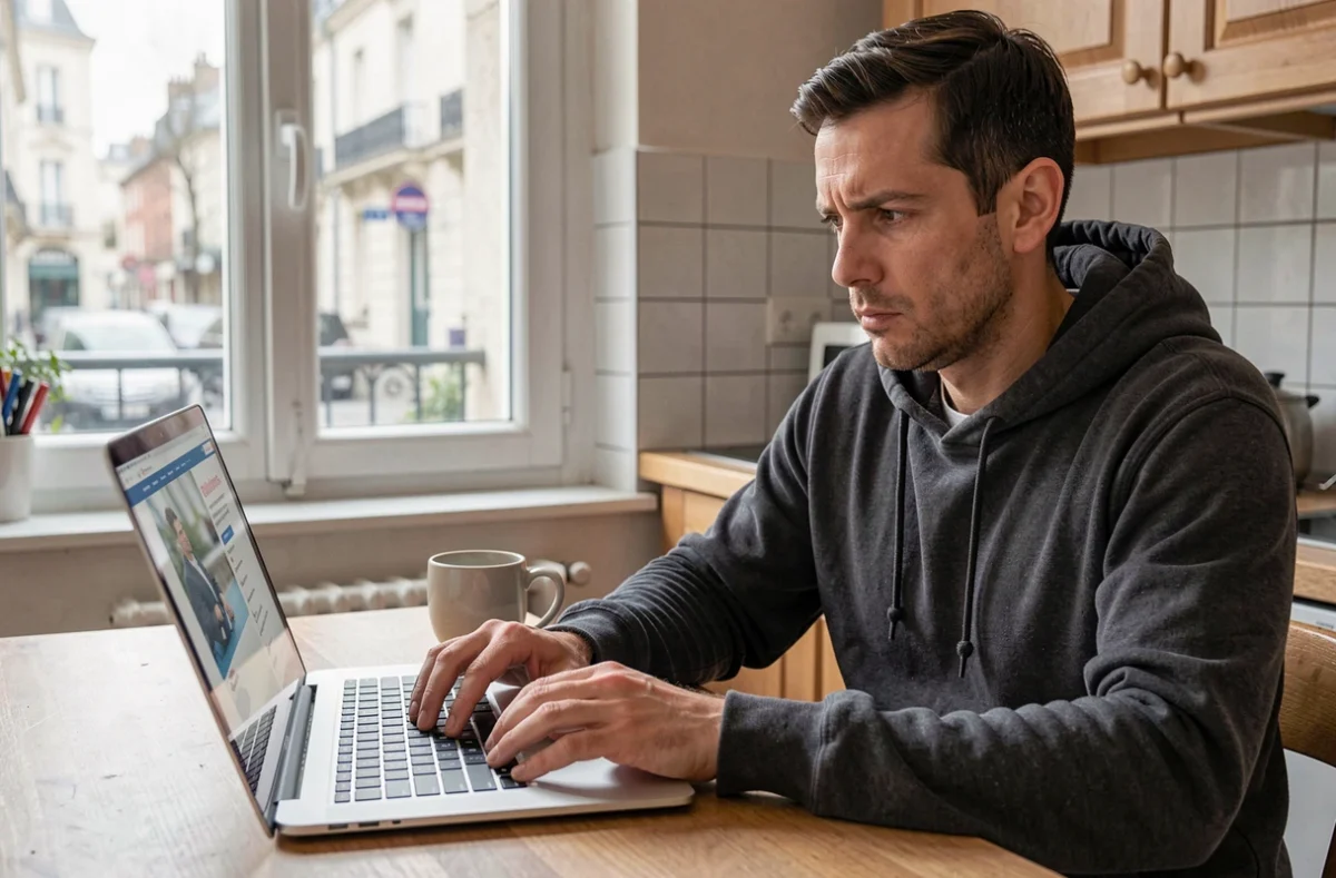 Homme effectuant sa réinscription sur France Travail en ligne depuis son domicile sur un ordinateur portable