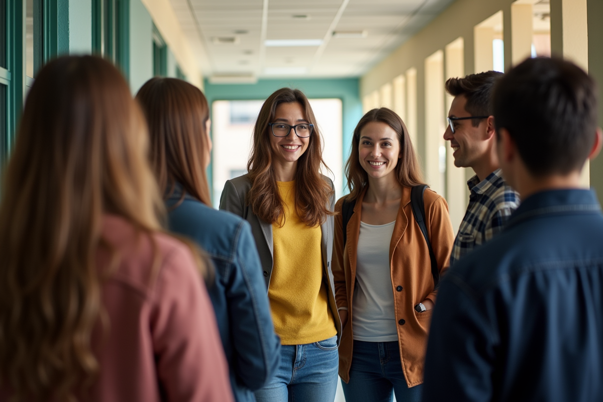 Rencontre entre nouveau personnel et enseignants dans un couloir lumineux