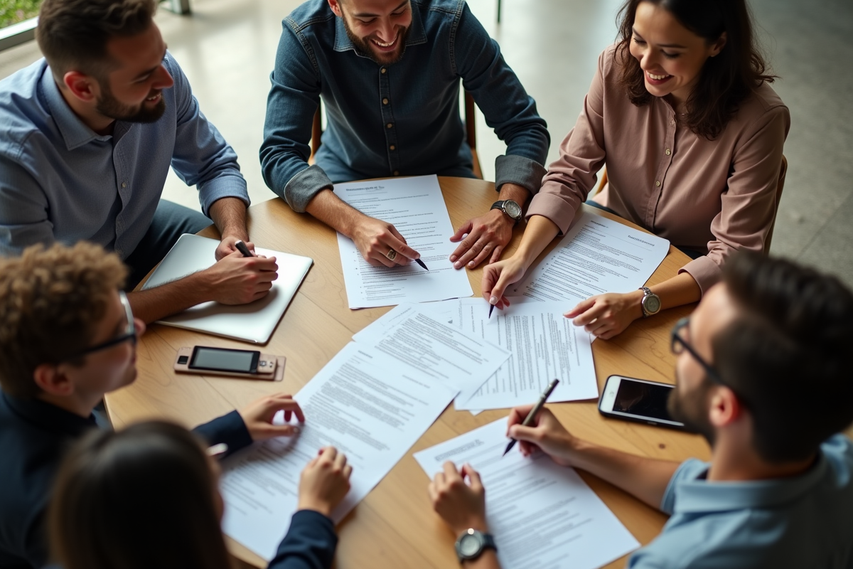 Groupe de personnes réseautant autour d une table avec CV et offres d emploi