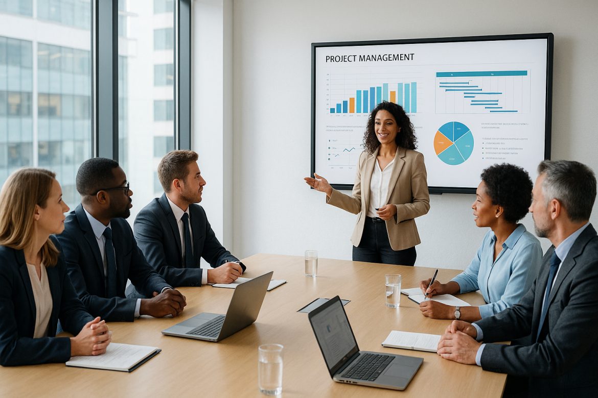 Réunion d'entreprise moderne avec équipe diverse en présentation