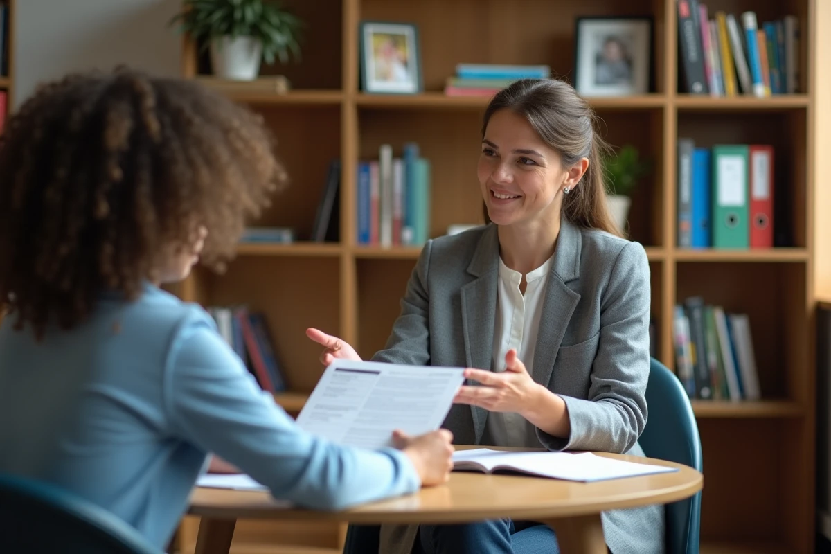 Réunion d'orientation scolaire entre une coordinatrice ULIS et un adolescent pour discuter des dispositifs d'inclusion adaptés à ses besoins