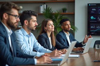 Groupe d'adultes en formation en entreprise
