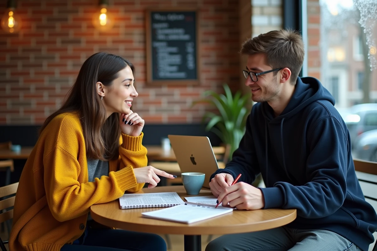 Deux jeunes adultes révisant ensemble des phrases modèles avec connecteurs logiques dans un café urbain