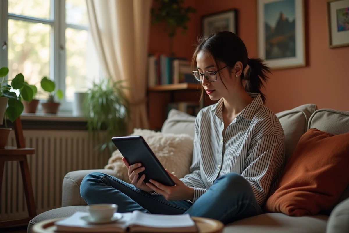 Étudiante révisant un cours vidéo sur MJM CLOUD avec une tablette dans son appartement, entourée de notes manuscrites