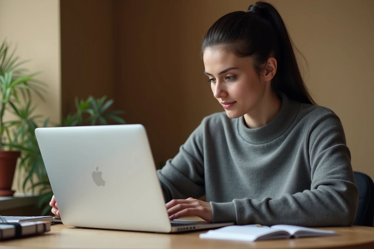 Femme tapant un ene espagnol sur un MacBook Pro dans un bureau à domicile moderne