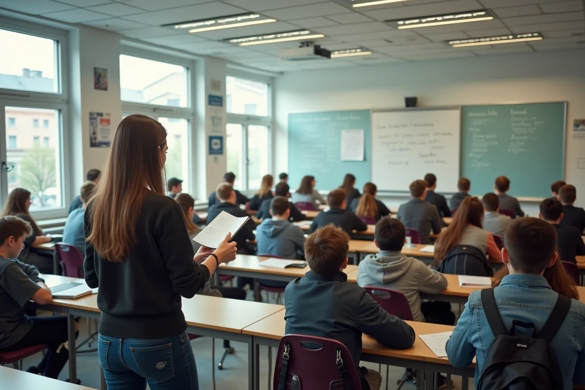 Professeure devant une salle de classe complète dans un lycée français avec des élèves attentifs