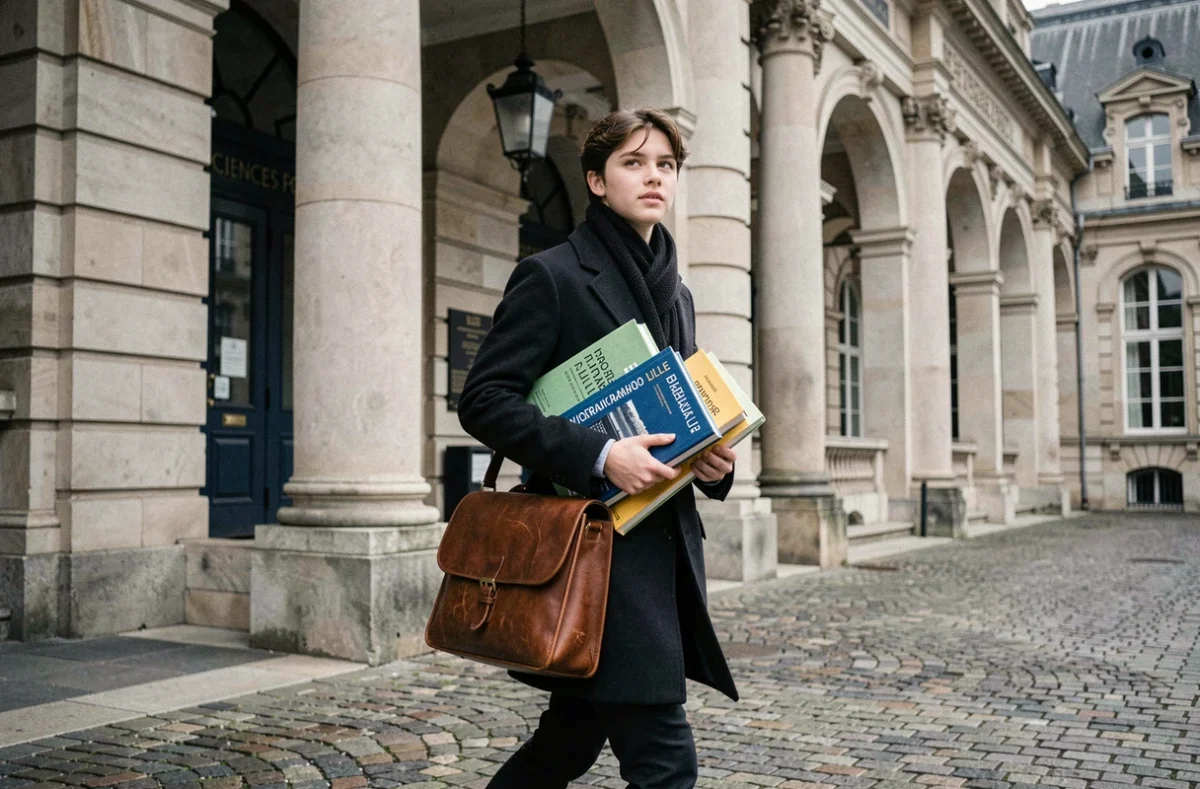 Étudiant traversant la cour classique de Sciences Po Lille avec des documents de cours sous le bras