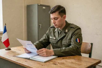 Sous-officier de l'armée de Terre consultant ses documents de salaire dans un bureau de caserne militaire