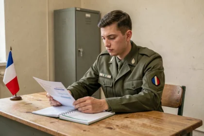 Sous-officier de l'armée de Terre consultant ses documents de salaire dans un bureau de caserne militaire