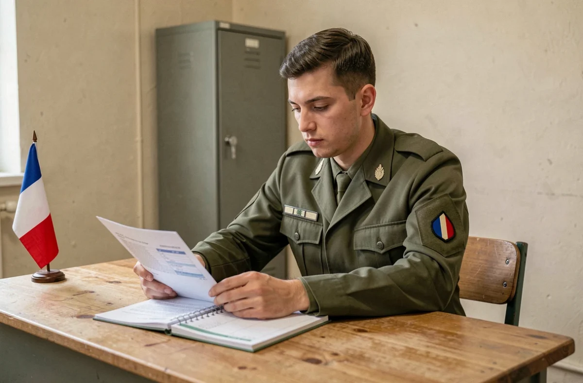 Sous-officier de l'armée de Terre consultant ses documents de salaire dans un bureau de caserne militaire