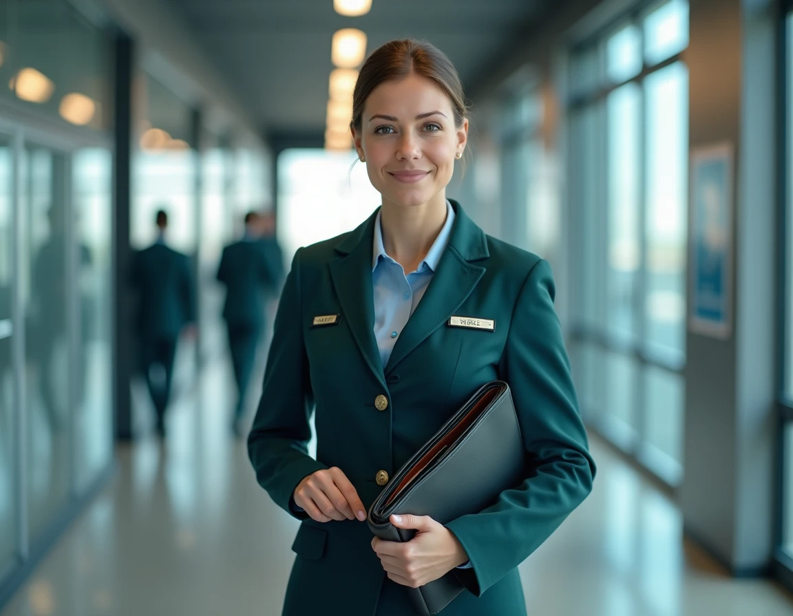 Stagiaire hôtesse de l'air en uniforme dans un centre de formation aéronautique professionnel