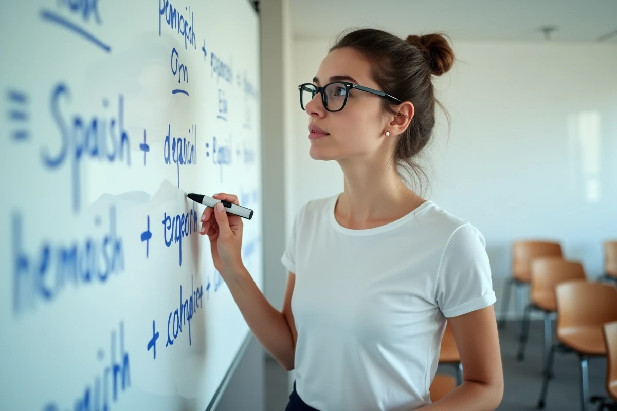 Jeune femme devant un tableau blanc avec des conjugaisons espagnoles à l'imparfait écrites en bleu