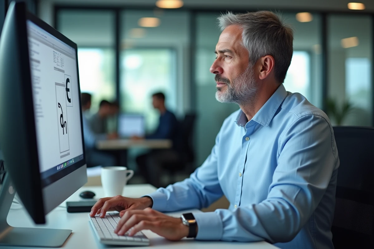 Homme utilisant un PC Windows pour taper le caractère ene espagnol dans un bureau professionnel