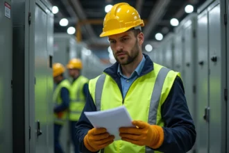 Technicien électricien consultant un référentiel d'habilitation électrique Habilec 7 devant un tableau basse tension en milieu industriel