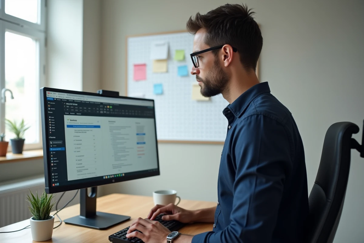 Homme en télétravail utilisant une messagerie institutionnelle académique sur double écran dans un espace de travail moderne à domicile