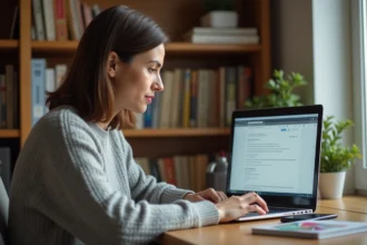 Femme en télétravail consultant sa messagerie académique de Strasbourg sur un ordinateur portable dans un bureau à domicile organisé