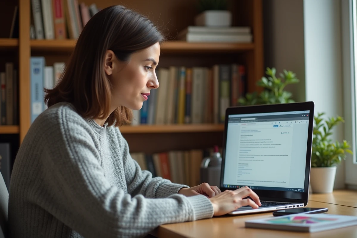 Femme en télétravail consultant sa messagerie académique de Strasbourg sur un ordinateur portable dans un bureau à domicile organisé