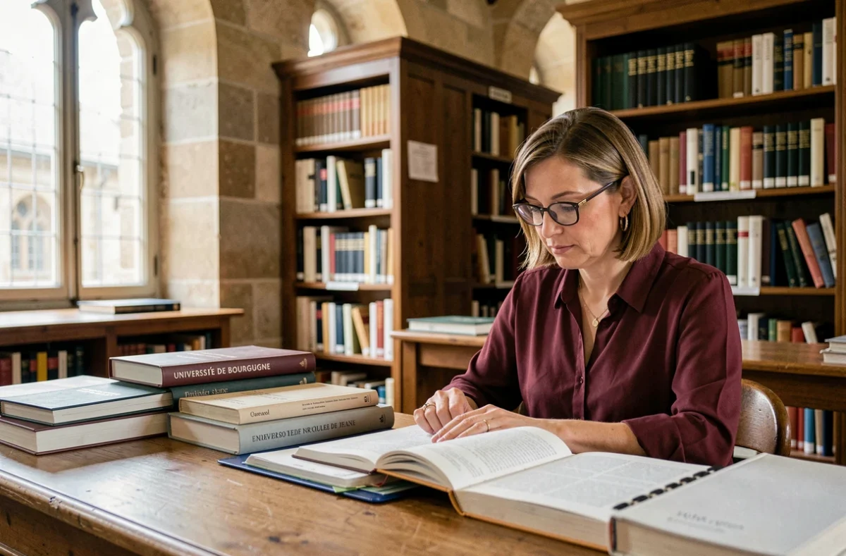 Étudiante adulte en formation continue diplômante à l'Université de Bourgogne, étudiant dans une bibliothèque universitaire historique sur le campus de Dijon