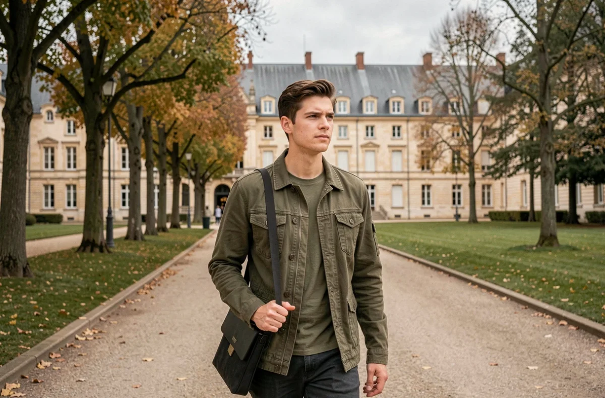 Étudiant en informatique traversant le campus historique de l'Université de Bordeaux avec ses bâtiments en pierre calcaire