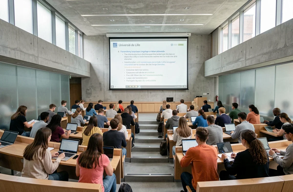Étudiants en amphithéâtre suivant un cours de linguistique à l'Université de Lille