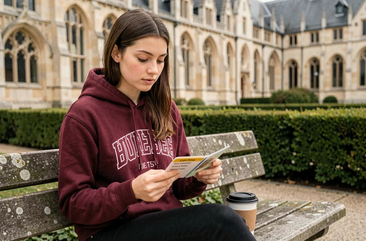Étudiante révisant des fiches de langue dans la cour de l'Université de Picardie Jules Verne à Amiens