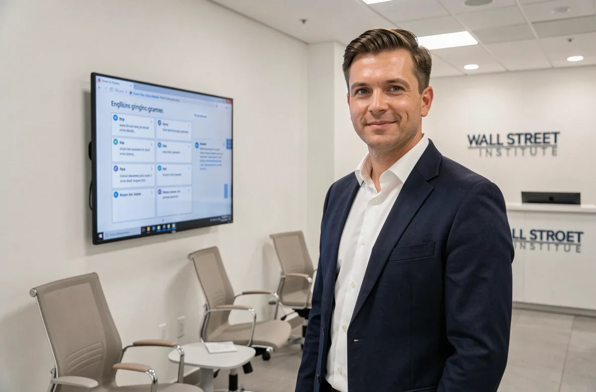 Formateur en anglais professionnel devant un écran interactif au Wall Street Institute de Lens