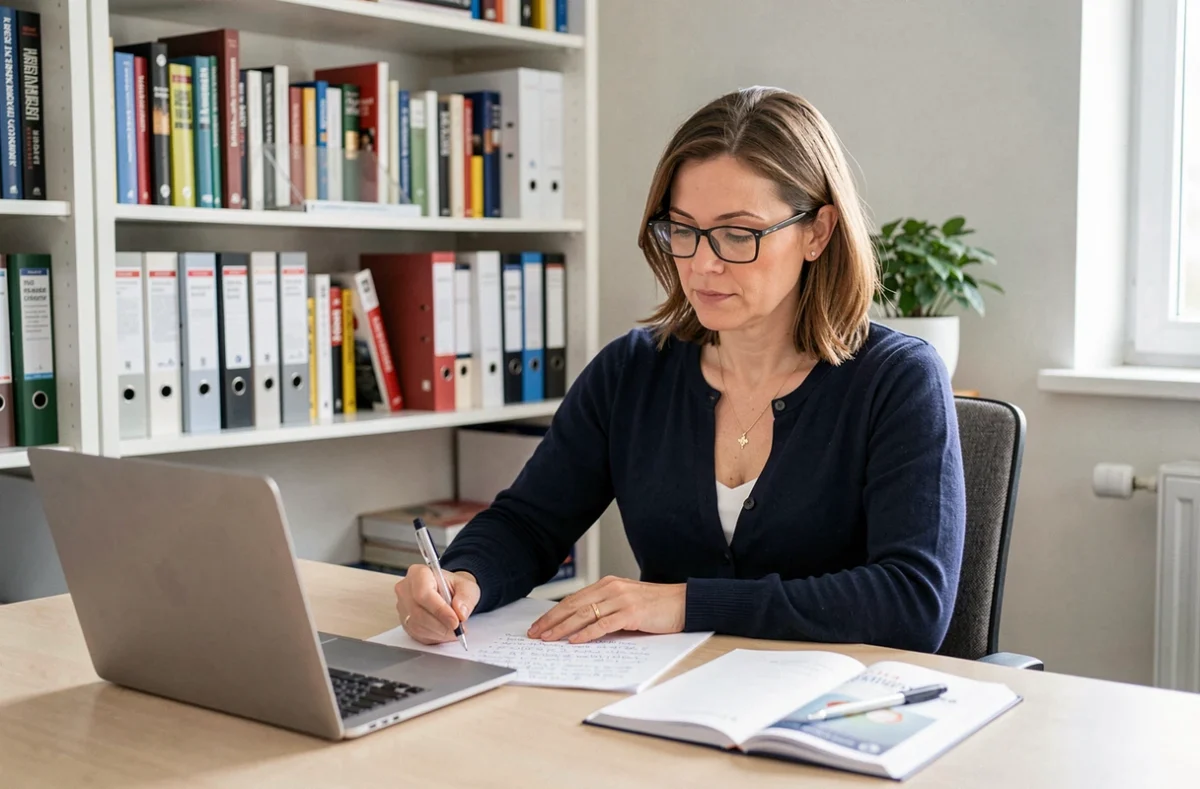 Professeure indépendante préparant un cours de langue dans son bureau chez Watterlot Virginie EI