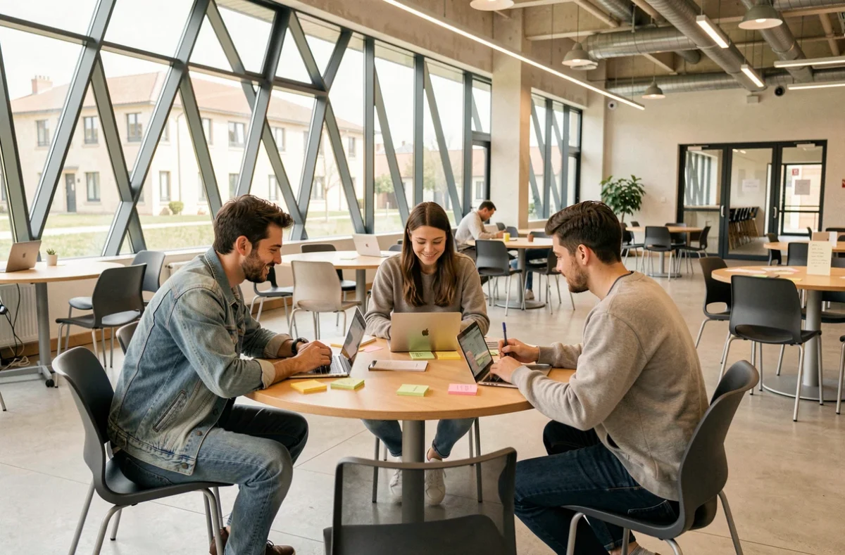Groupe d'étudiants collaborant sur un projet numérique dans les espaces modernes d'Ynov Campus Bordeaux